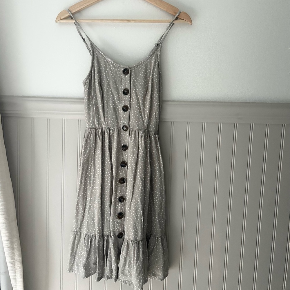 Japna XS Gray Polka Dot Button Front Spaghetti Strap Dress